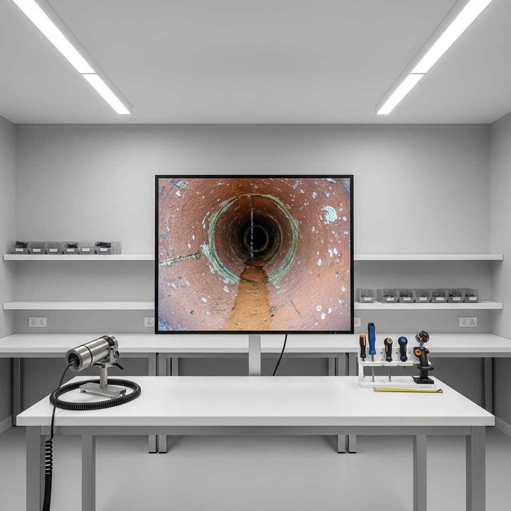 The TV in the office room displays a tube filled with red paint and blue splatters. The tube is illuminated by the presenc...